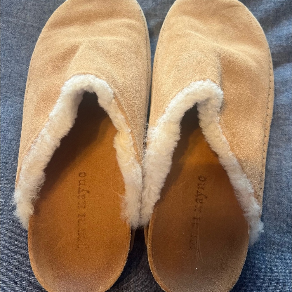 Jenni Kayne Tan Suede Shearling-Lined Slip-On Mules
